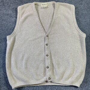 Vintage Eddie Bauer Cardigan Sweater Vest Men's XLT Beige Waffle Knit USA Made